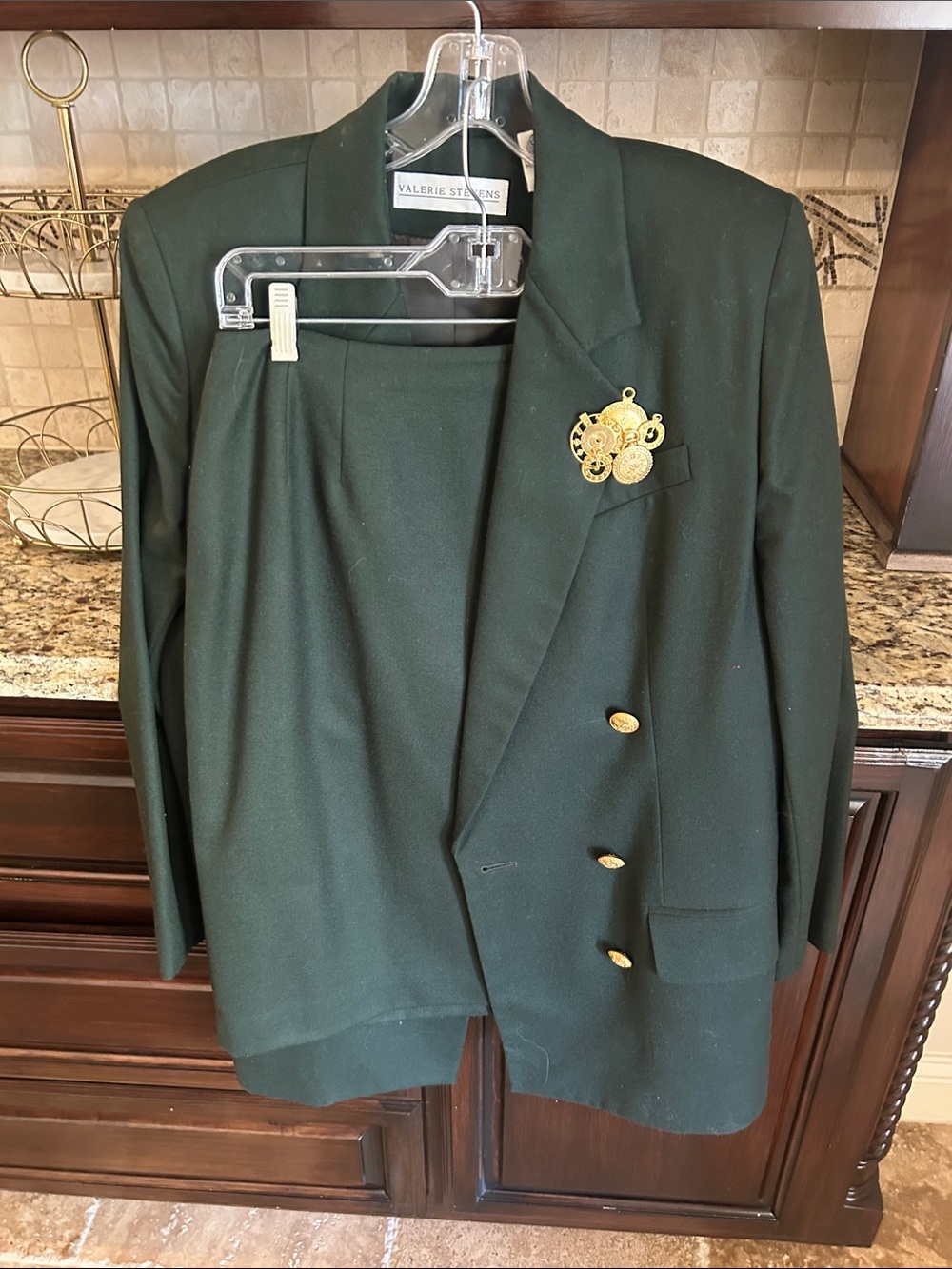 Valerie Stevens Forest Green Double-Breasted Blazer with Gold Accents